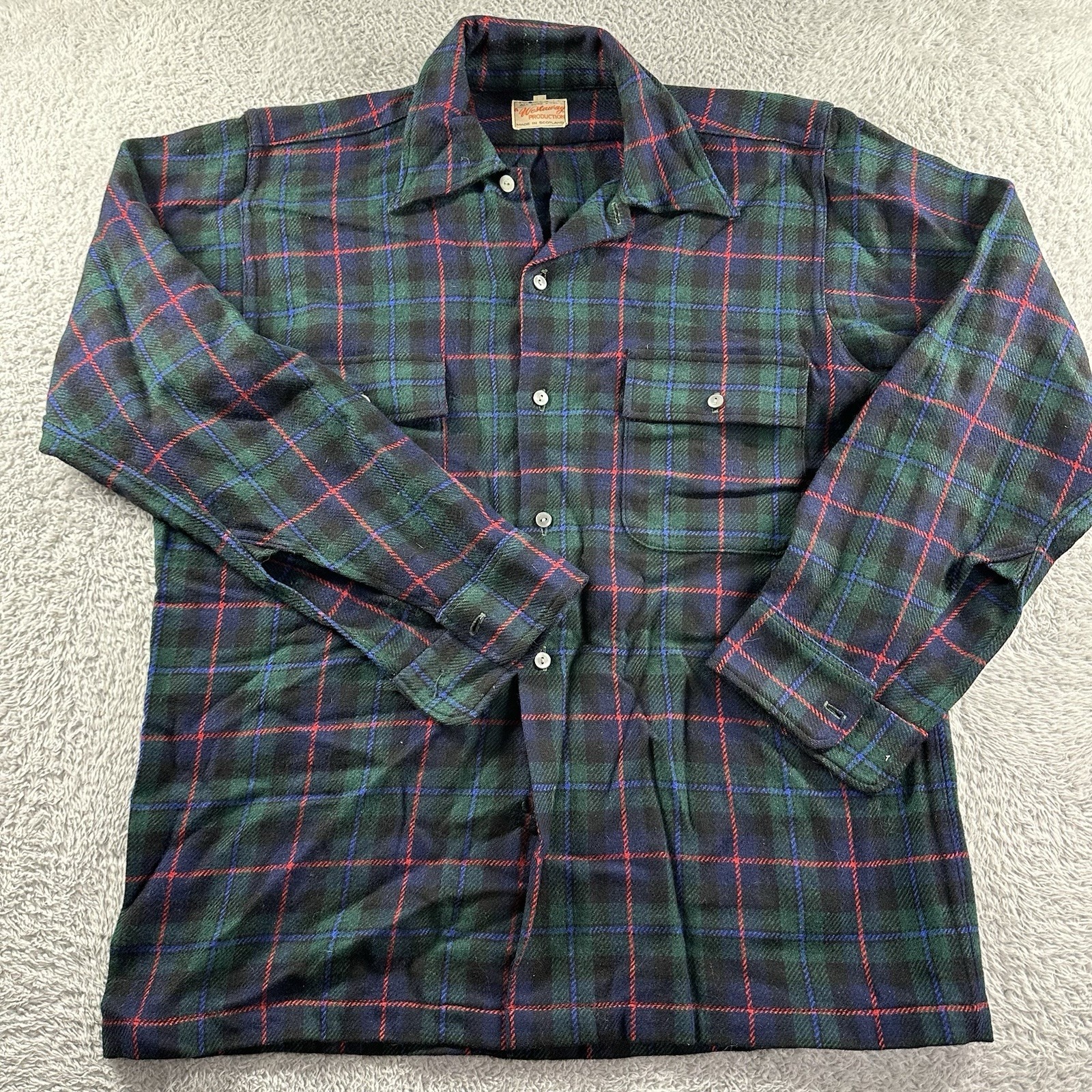 Vintage Westaway Wool Shirt Mens Large Plaid Green Chore Scotland Pure Wool